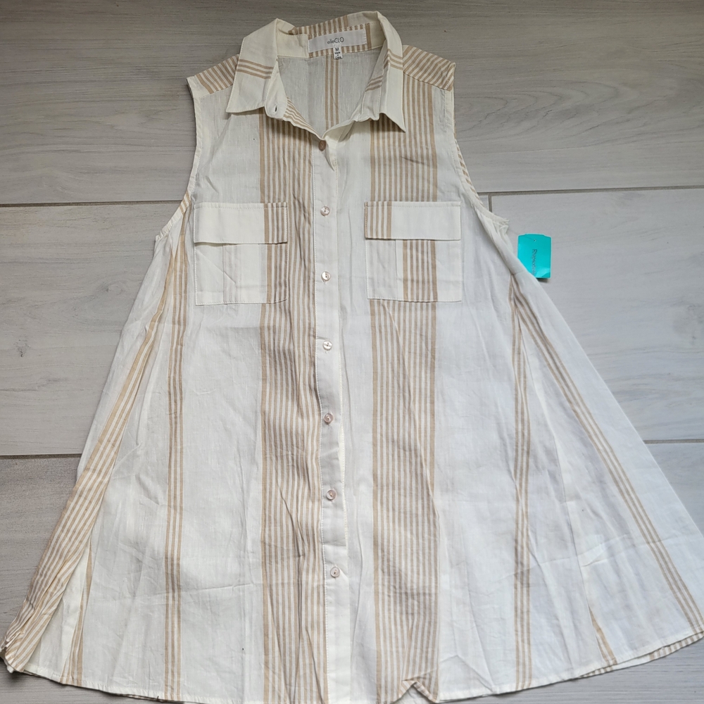 Tunic Striped Sleeveless Button-Up Dress Size Medium Cream & Tan *New*
